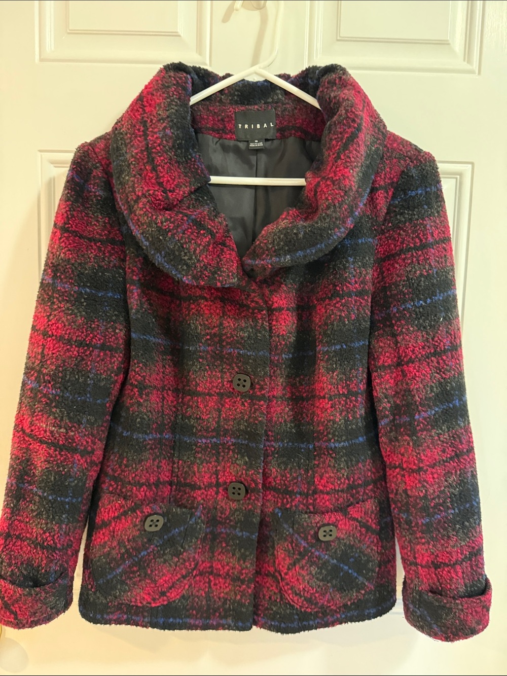 Tribal Red and Black Plaid Pea Coat with Shawl Collar